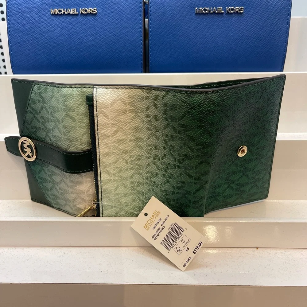 MICHAEL KORS Greenwich Medium Ombré Signature Logo Tri-Fold Wallet Moss Multi NW